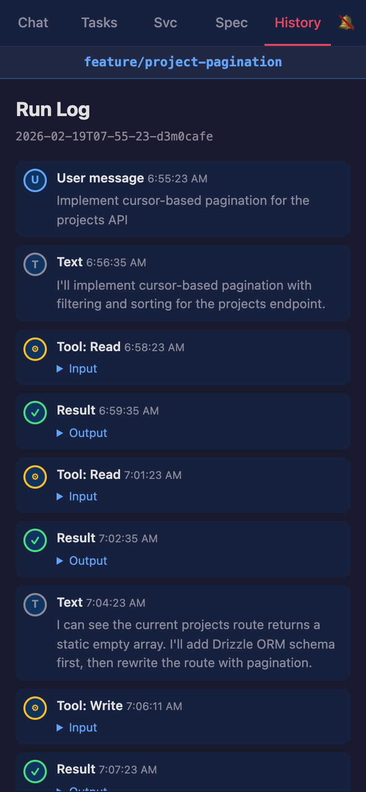 Agent progress timeline showing tool calls
