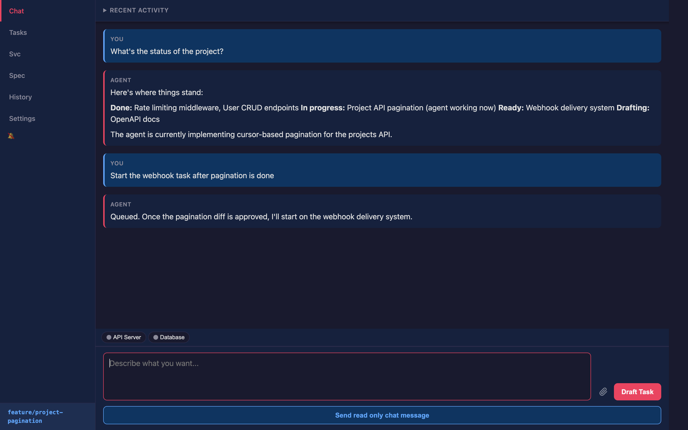 Chat interface with activity feed (desktop)