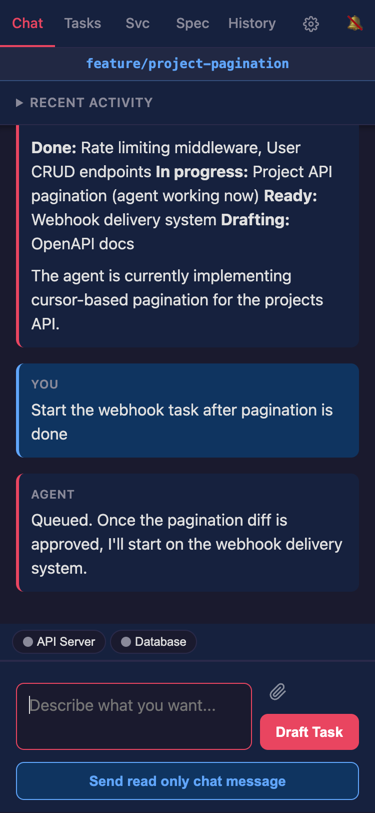 Chat interface with activity feed