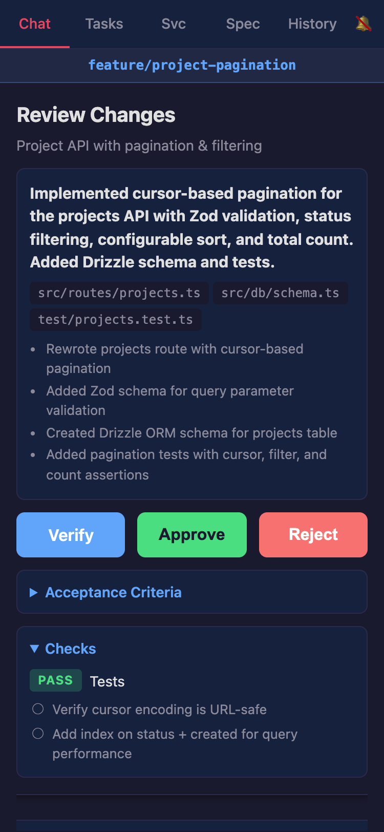 Diff review page with code changes and approval buttons