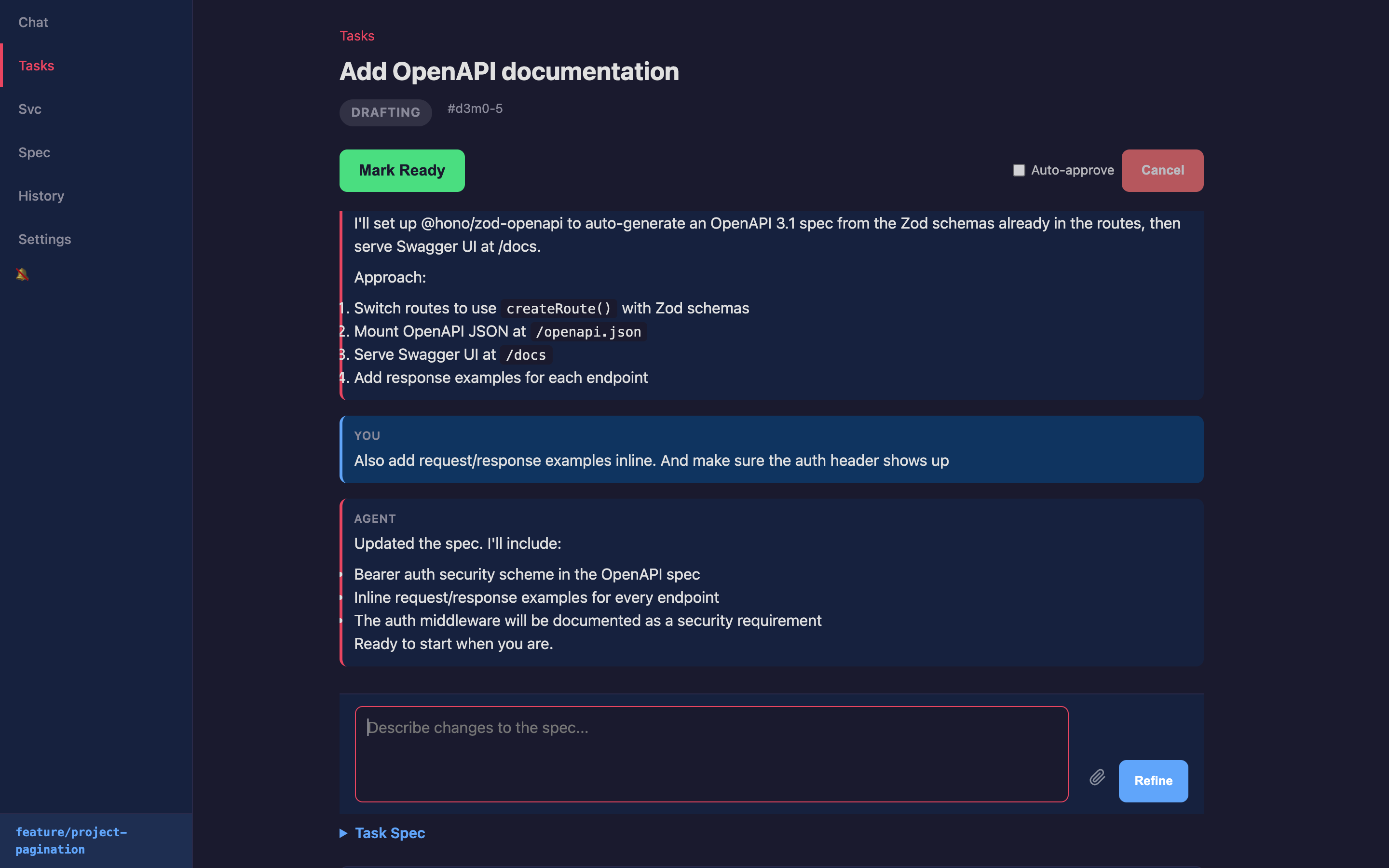 Task detail with agent-drafted spec (desktop)