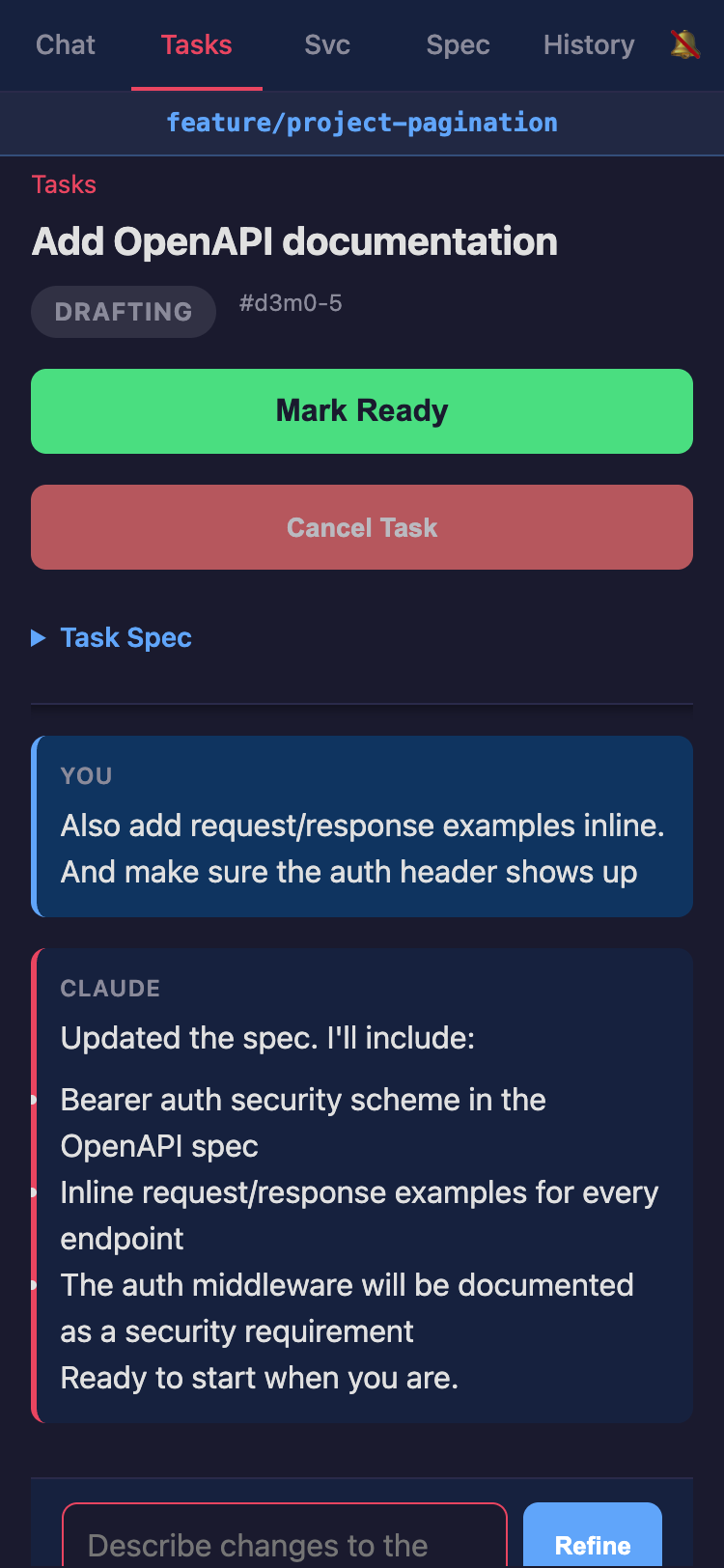 Task detail view with spec and chat refinement